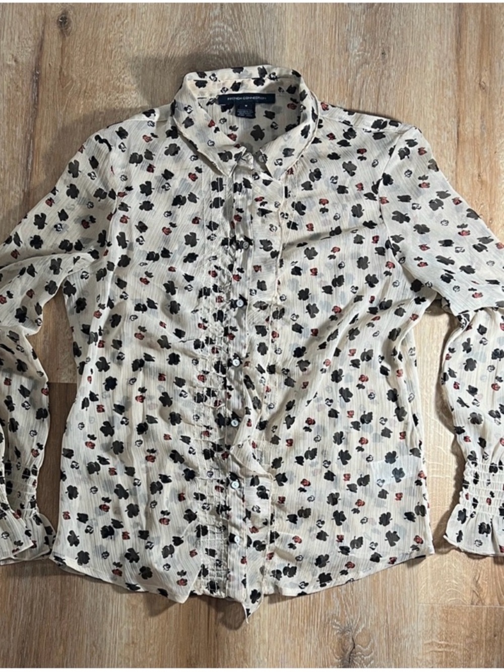 French Connection semi-sheer cream blouse with black and brick red print, Medium